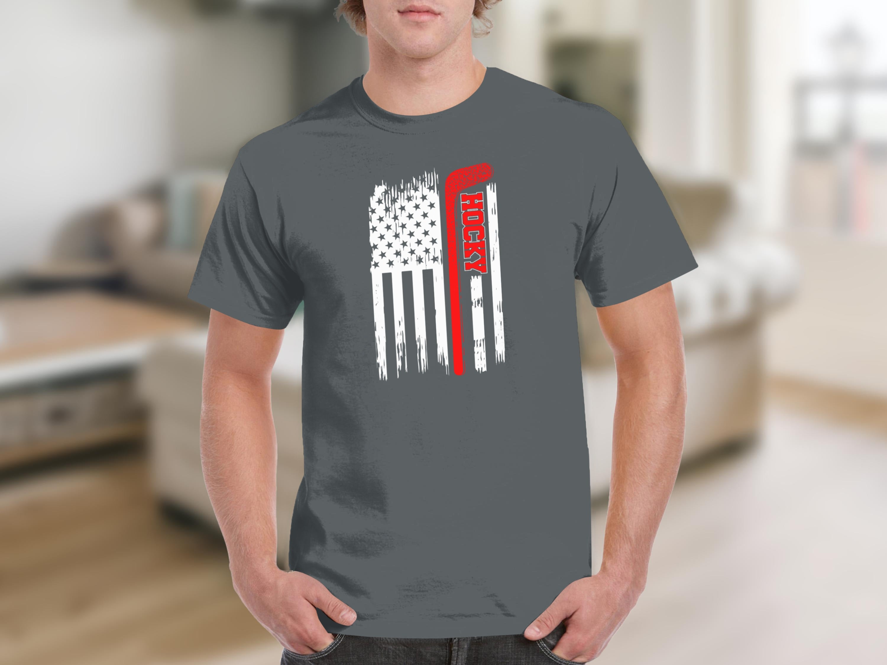 Gray t-shirt with distressed American flag and "HOCKEY" text graphic.