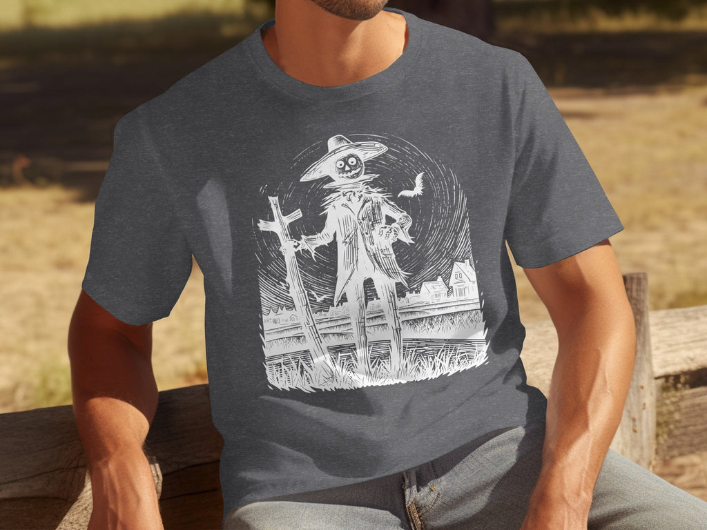 Scarecrow with a crooked hat and a bird on a dark grey t-shirt.