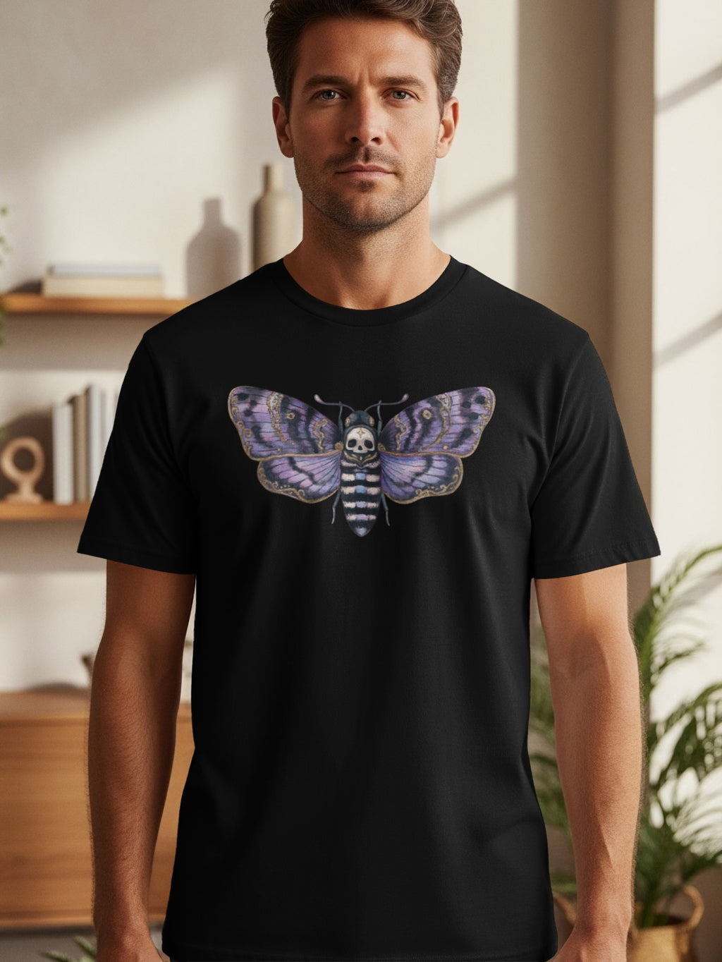 Black t-shirt with a purple death's-head hawkmoth graphic featuring a skull on its thorax.