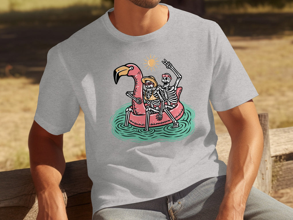 Two skeletons float on a pink flamingo pool float under a sunny sky.