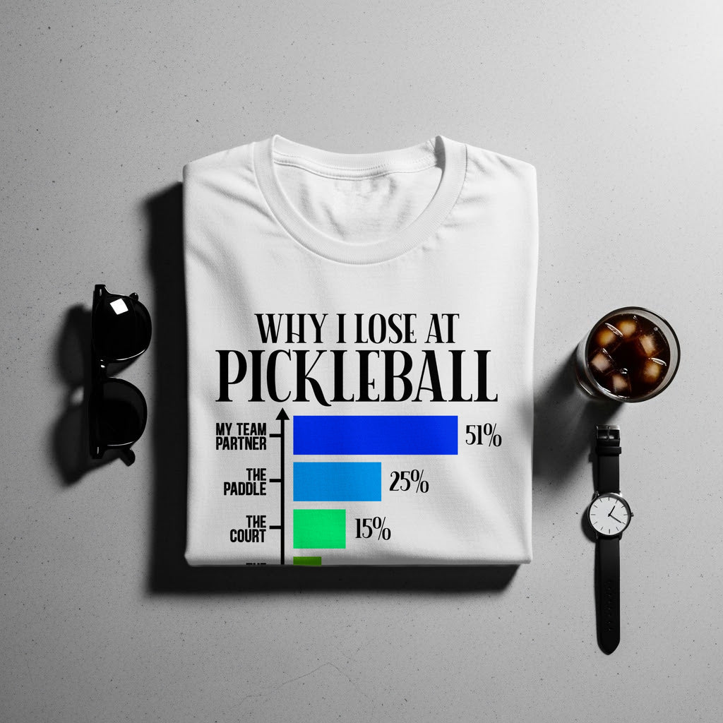 White t-shirt with "Why I Lose At Pickleball" graphic and bar chart.