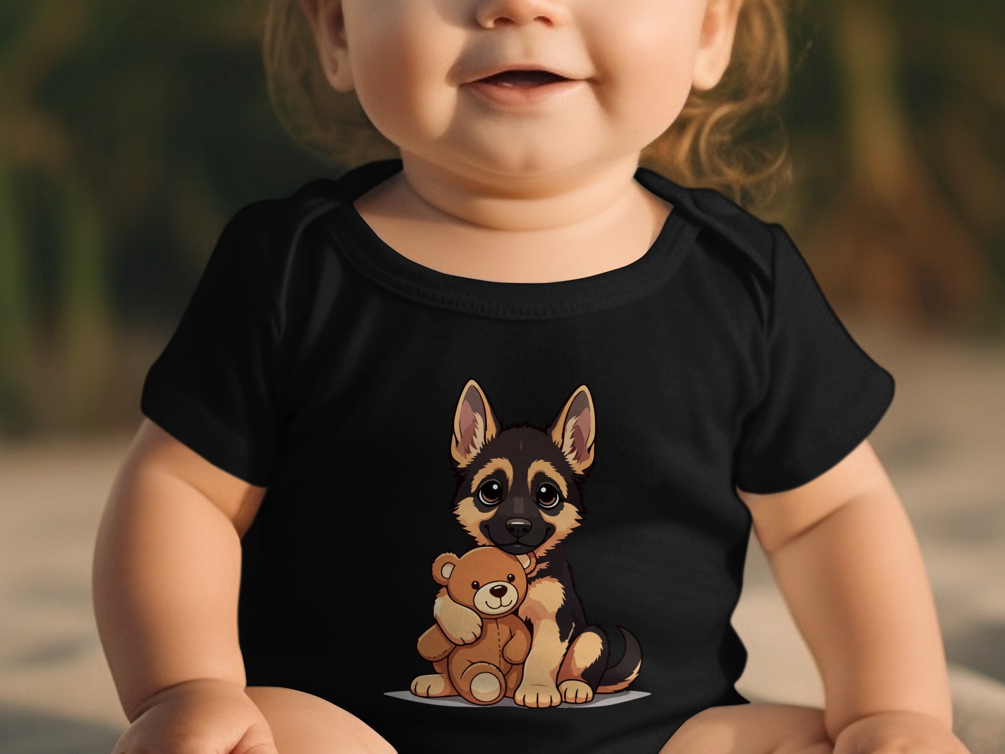 Black bodysuit with cartoon German Shepherd hugging a teddy bear.