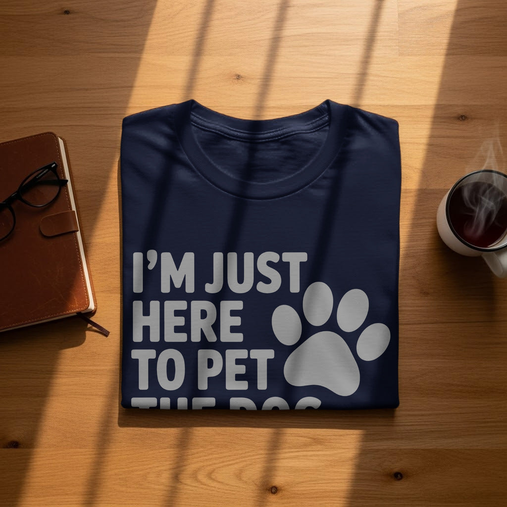 Navy t-shirt with white text "I'M JUST HERE TO PET THE DOG" and paw print.