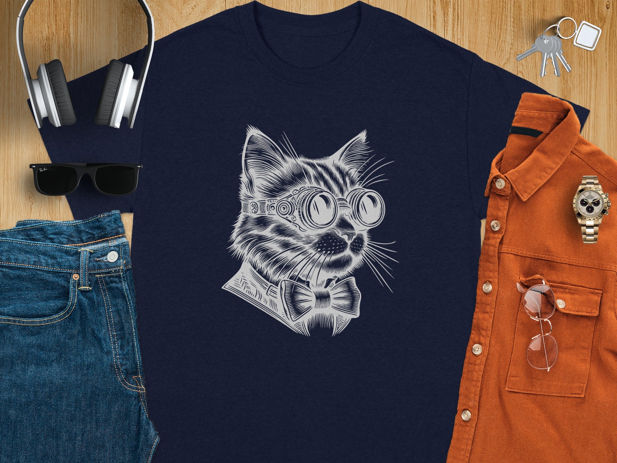 Navy t-shirt with white line art of a cat wearing goggles and a bow tie.