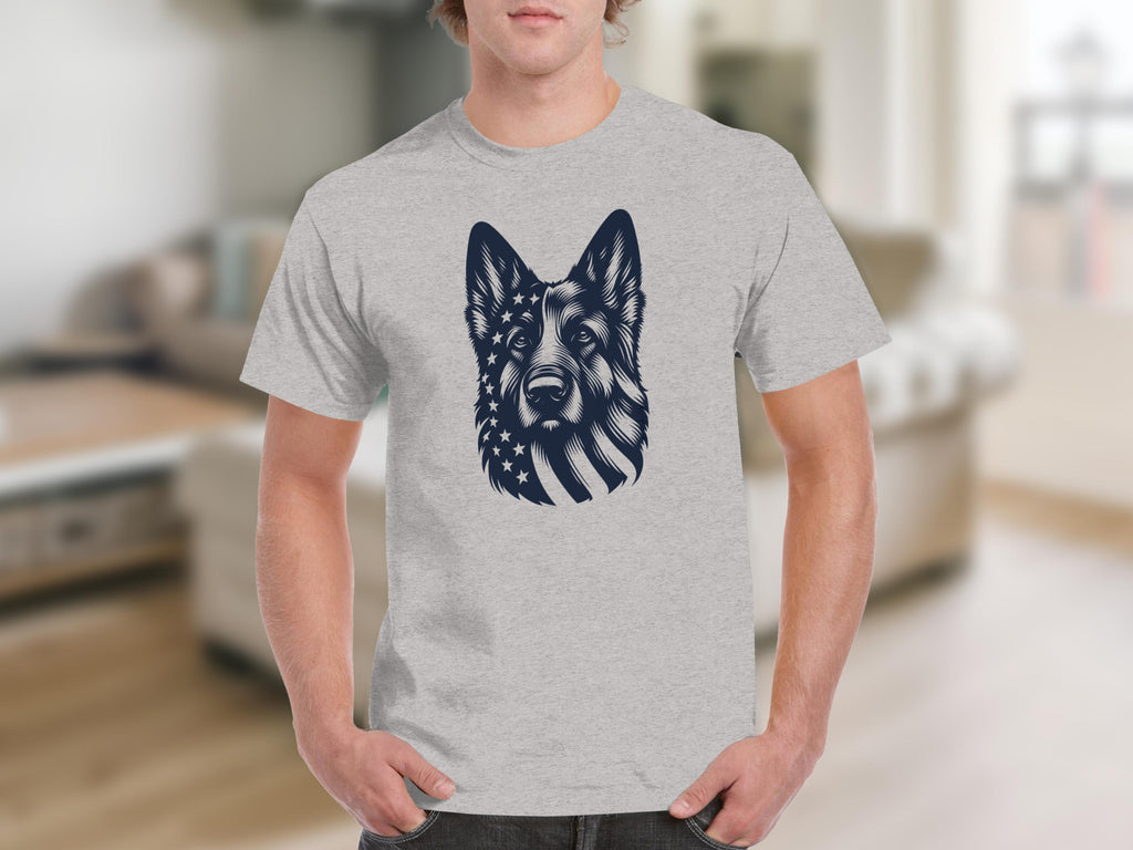 Grey t-shirt with a navy German Shepherd head graphic blending into the American flag.