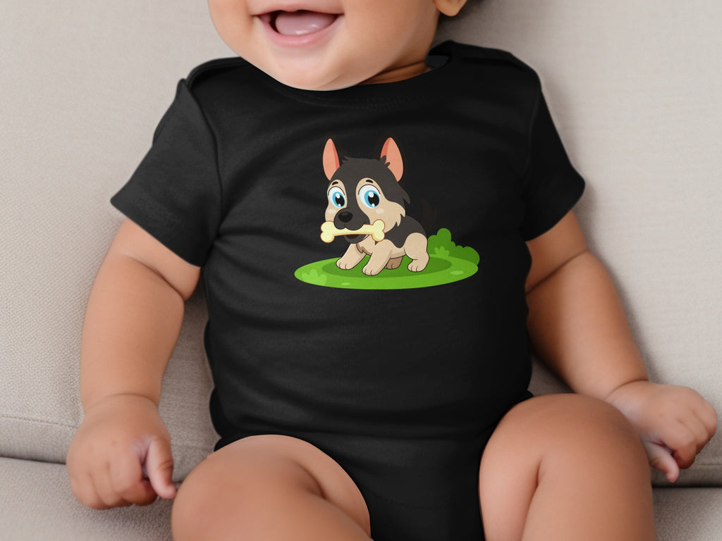 Black baby onesie with cartoon German Shepherd puppy holding a bone.