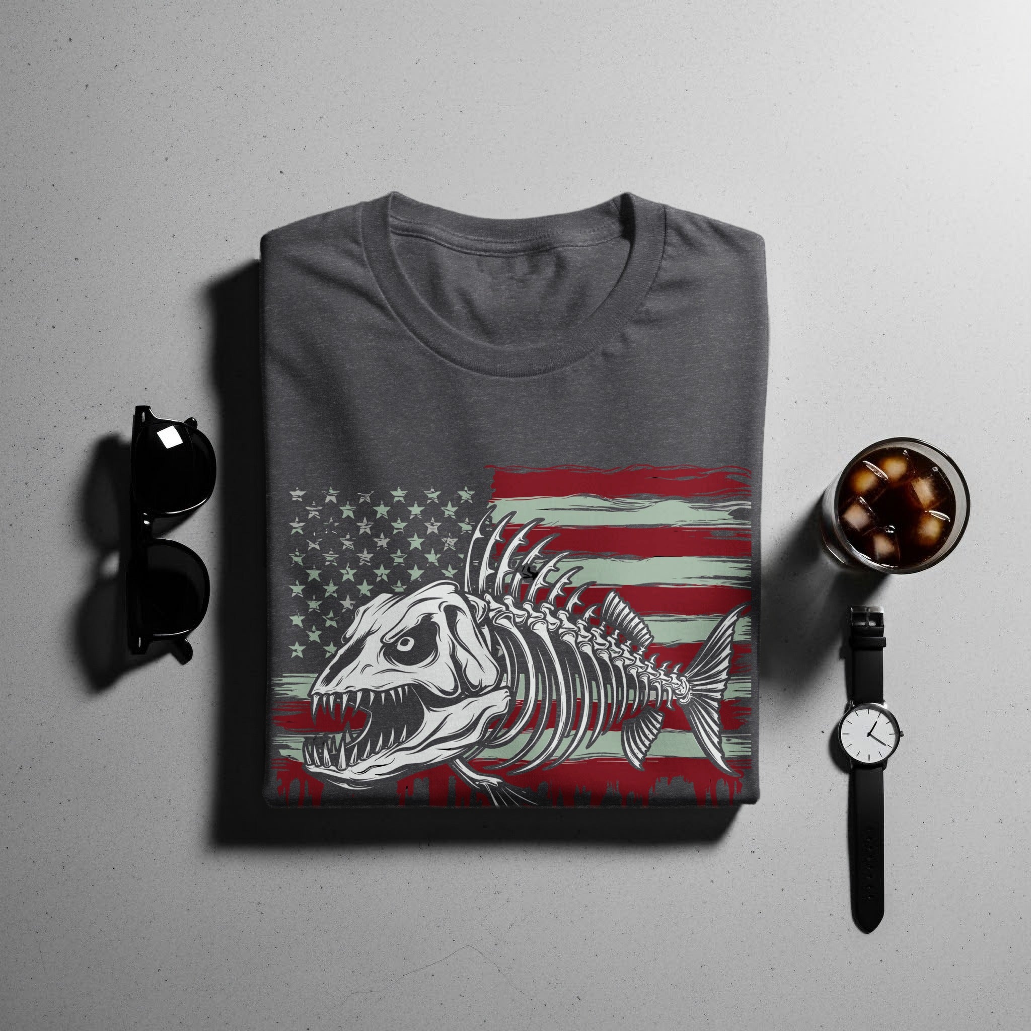 Dark gray t-shirt with distressed American flag and menacing fish skeleton graphic.