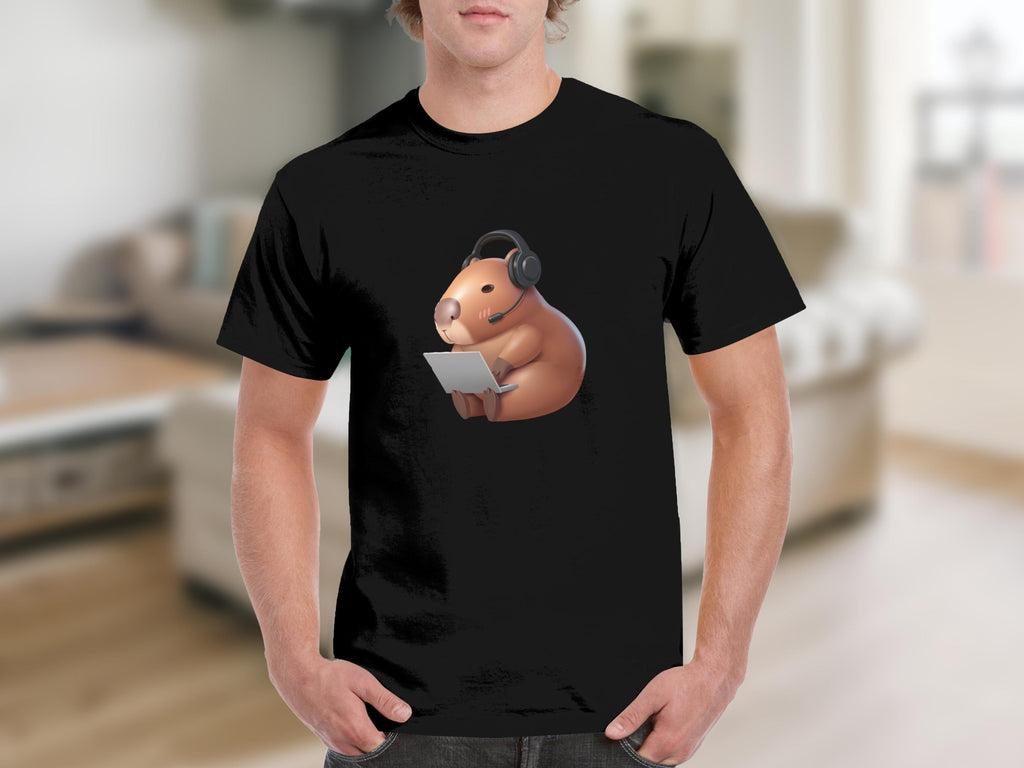 Black t-shirt with a cartoon capybara wearing a headset and holding a laptop.