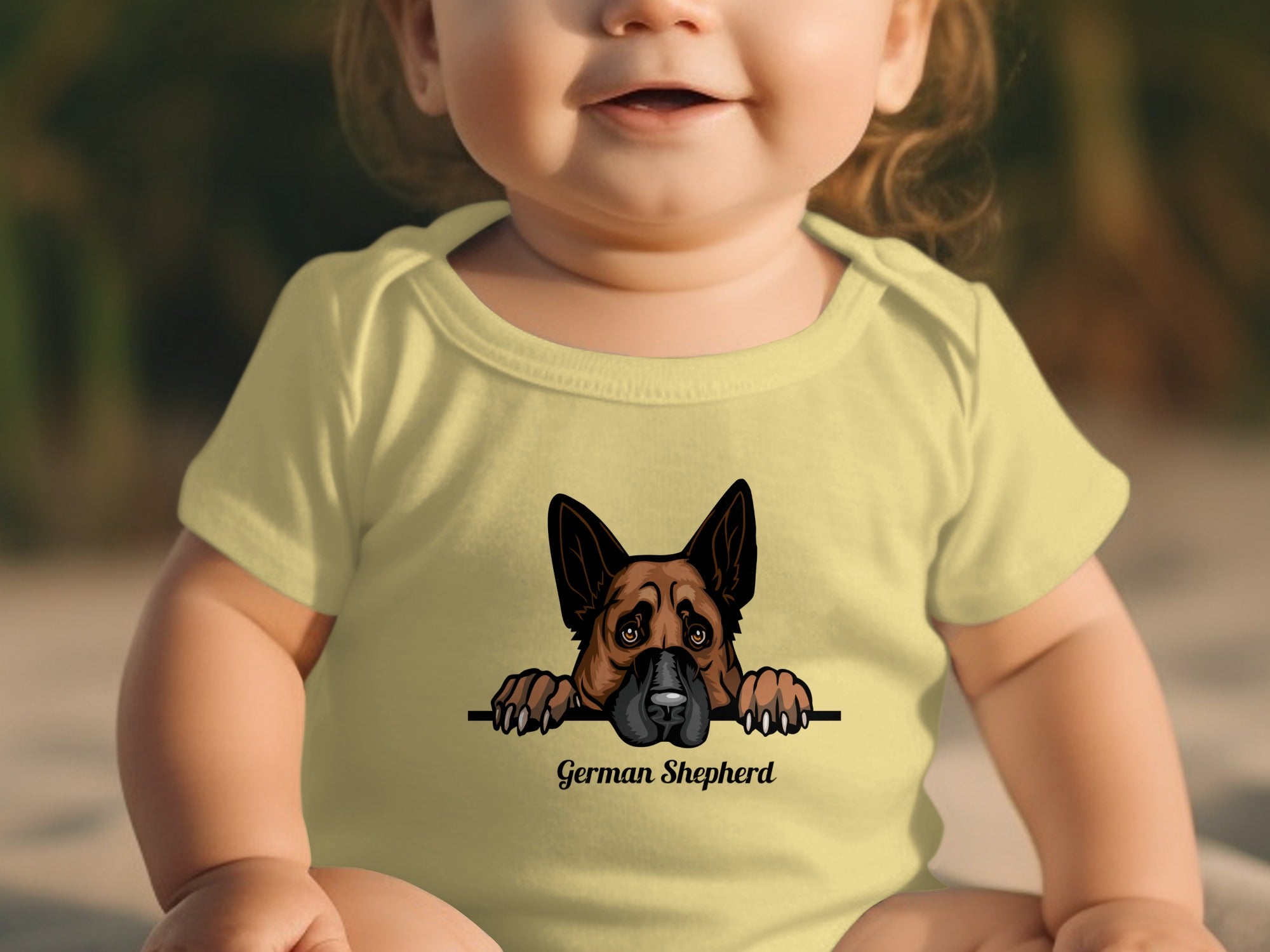 Light yellow baby onesie with a German Shepherd graphic and text.