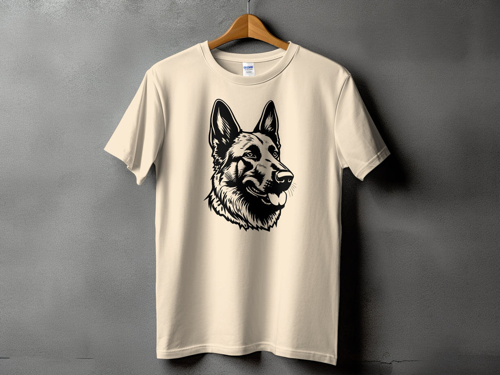 Cream t-shirt with a black and white German Shepherd portrait graphic.