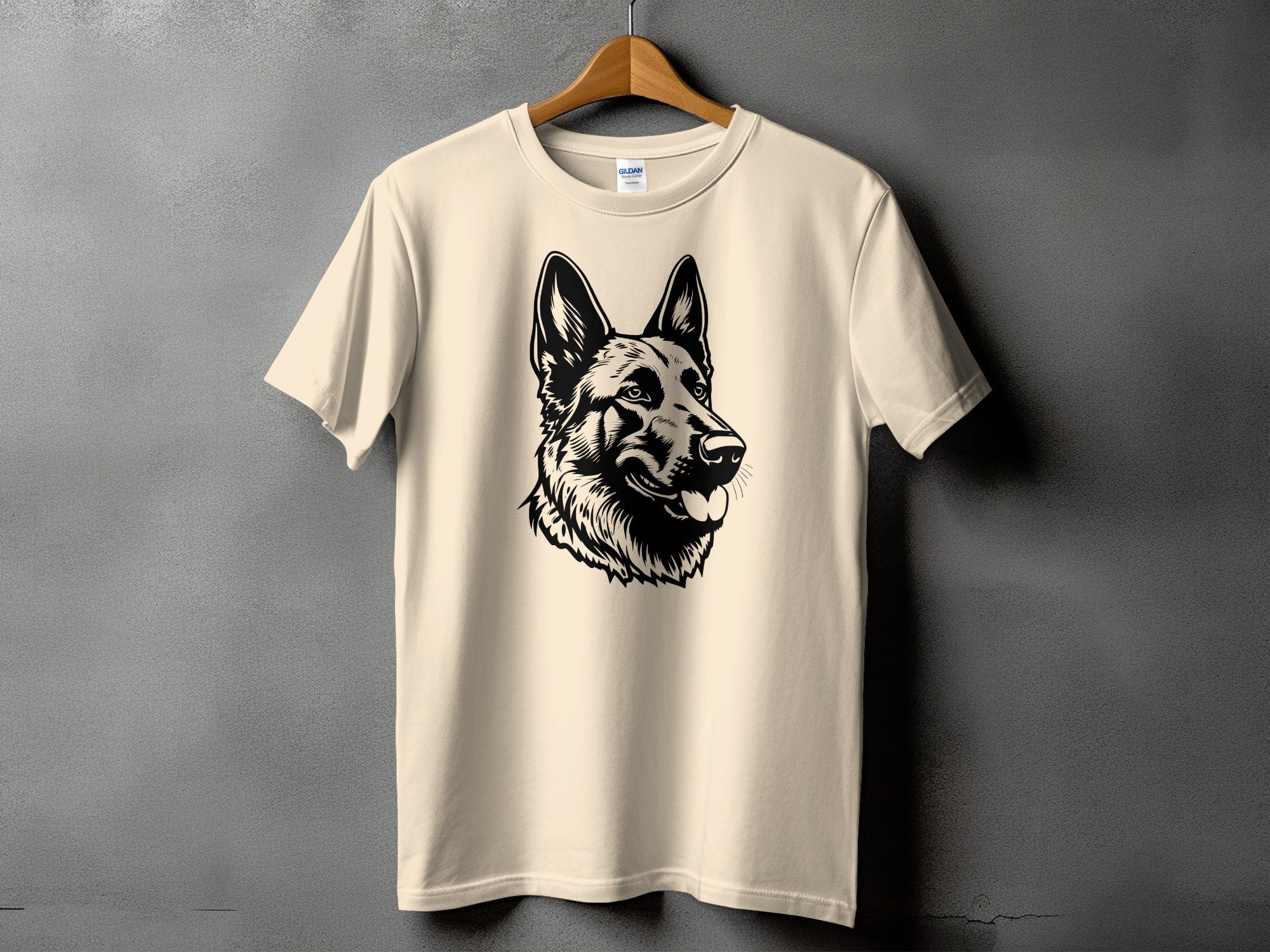 Cream t-shirt with a black and white German Shepherd portrait graphic.