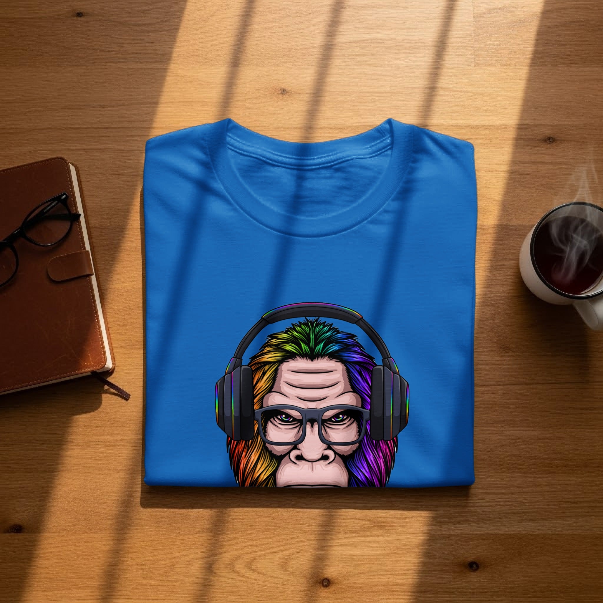 Blue t-shirt with a graphic of a gorilla wearing headphones and glasses.