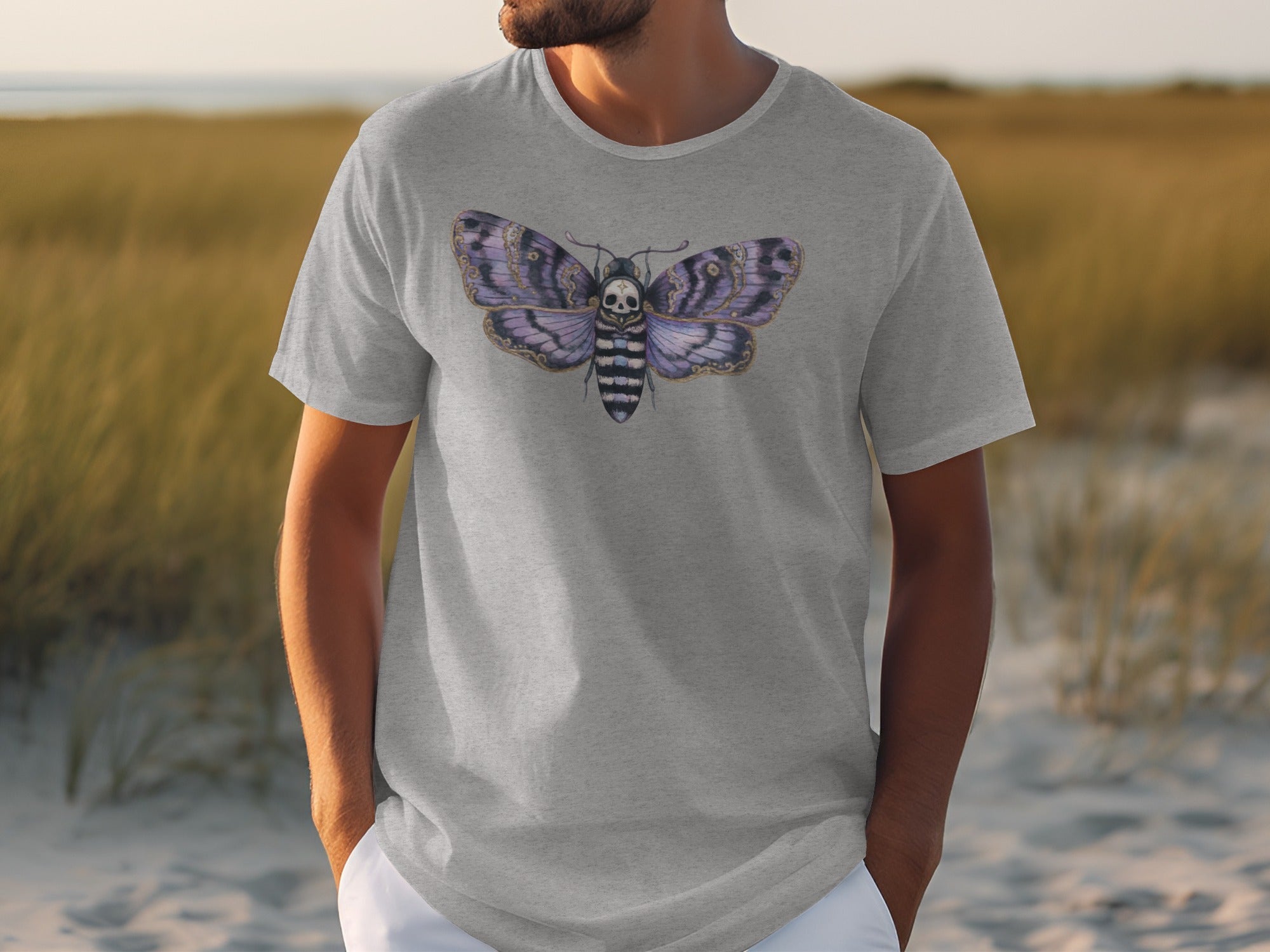 Grey t-shirt with a purple and black death's-head hawkmoth graphic.
