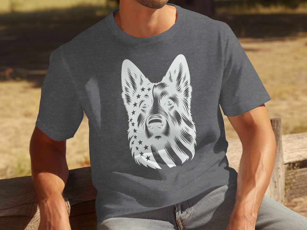 Gray t-shirt featuring a white German Shepherd's head with American flag elements.