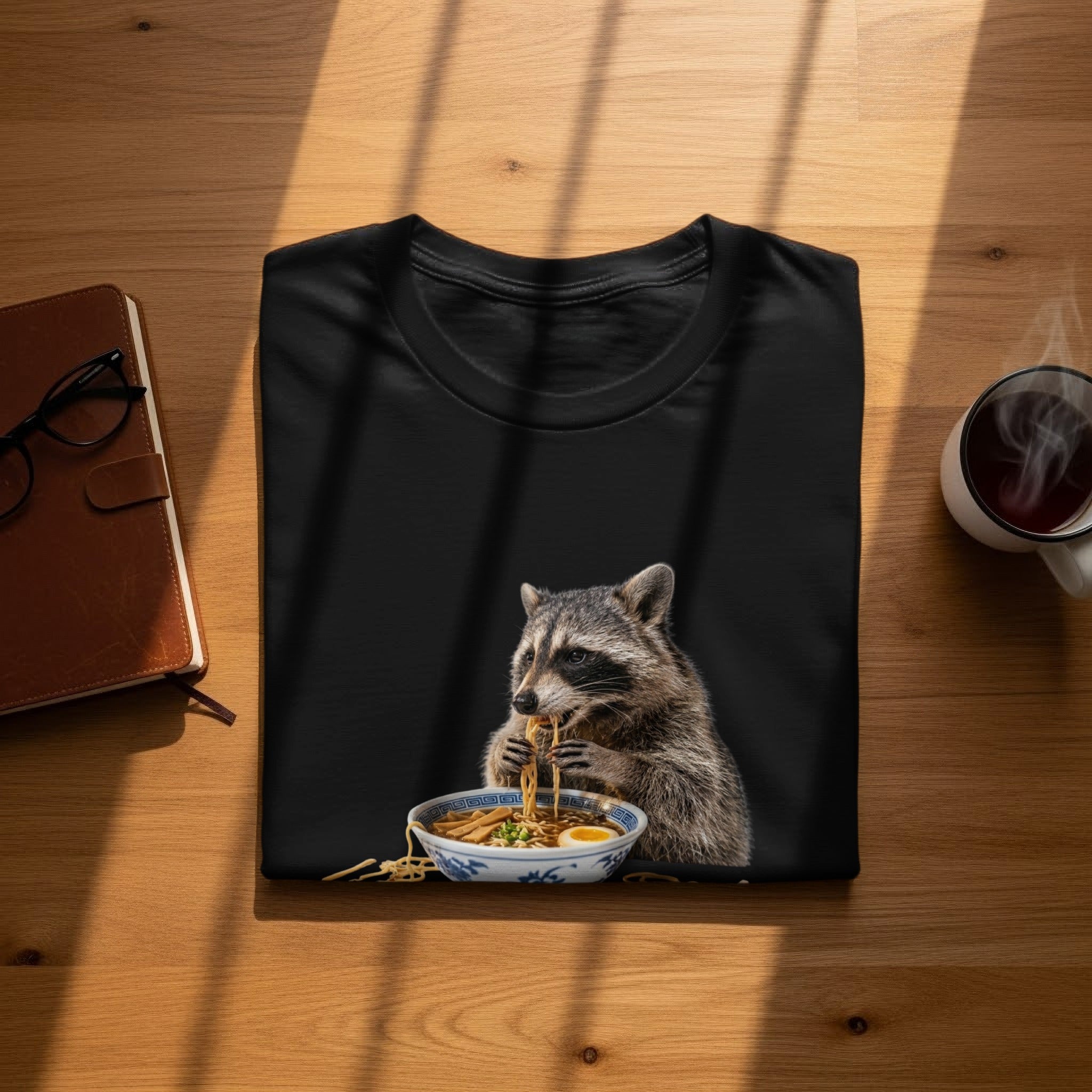 Black t-shirt with a raccoon eating ramen noodles graphic.