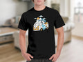 T-shirt graphic: vintage van, mountains, river, tent, and sunshine.