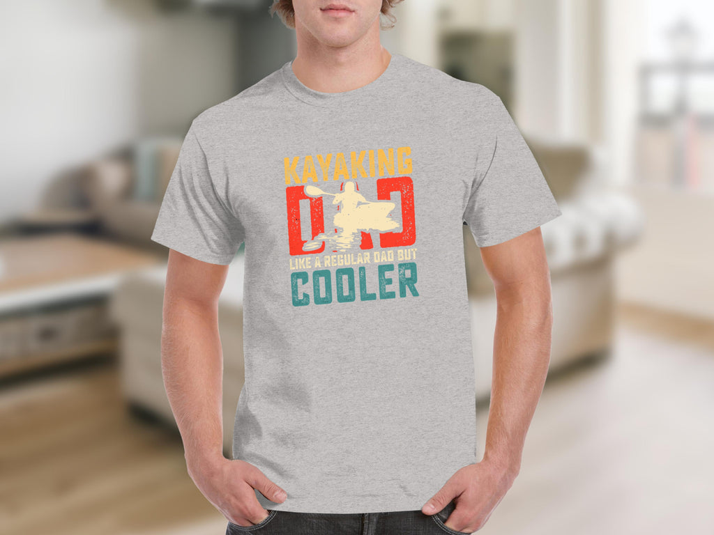 Grey t-shirt with "Kayaking Dad" and "Like a regular dad but cooler" text