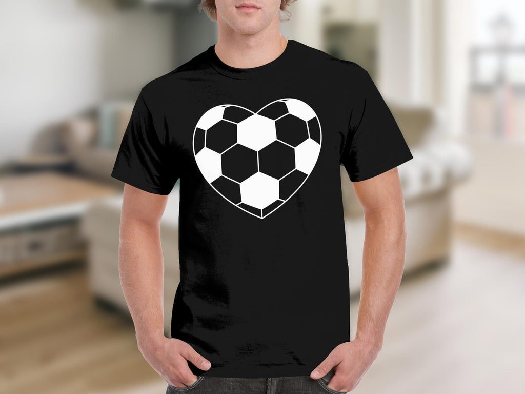 Black t-shirt with a white soccer ball heart graphic on the front.