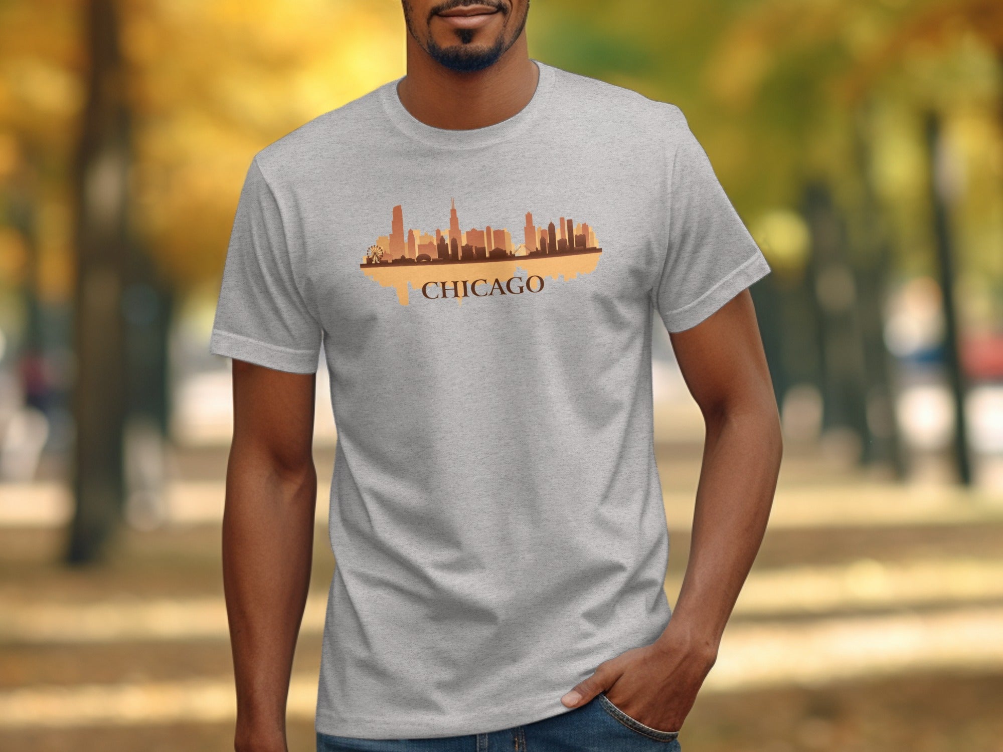 Grey t-shirt with Chicago skyline graphic and text on chest.