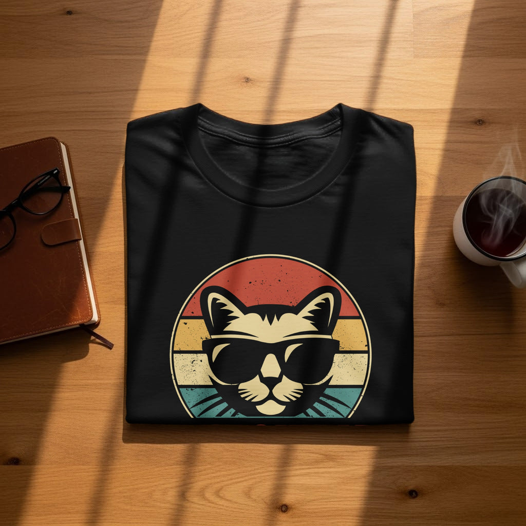 Black t-shirt with retro cat wearing sunglasses graphic.
