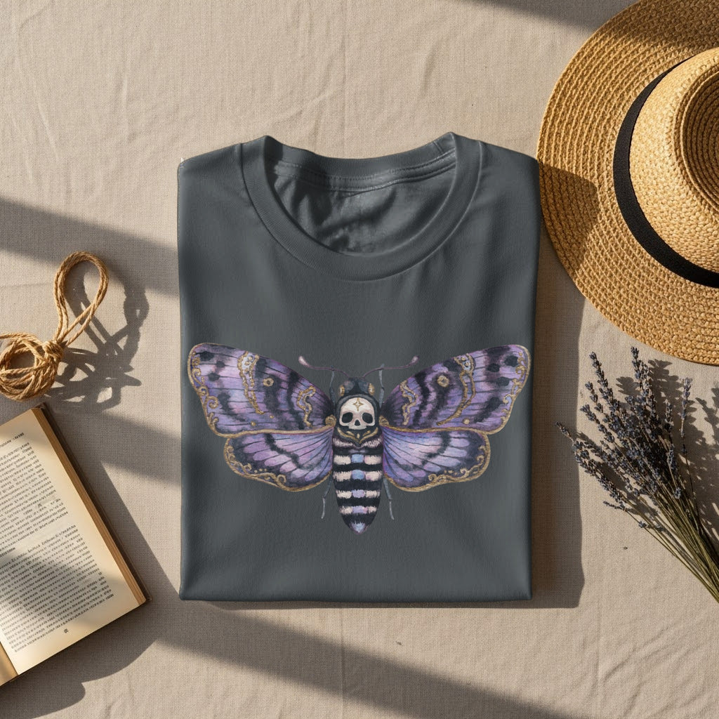 Dark gray t-shirt featuring a purple and black Death's-head hawkmoth graphic.