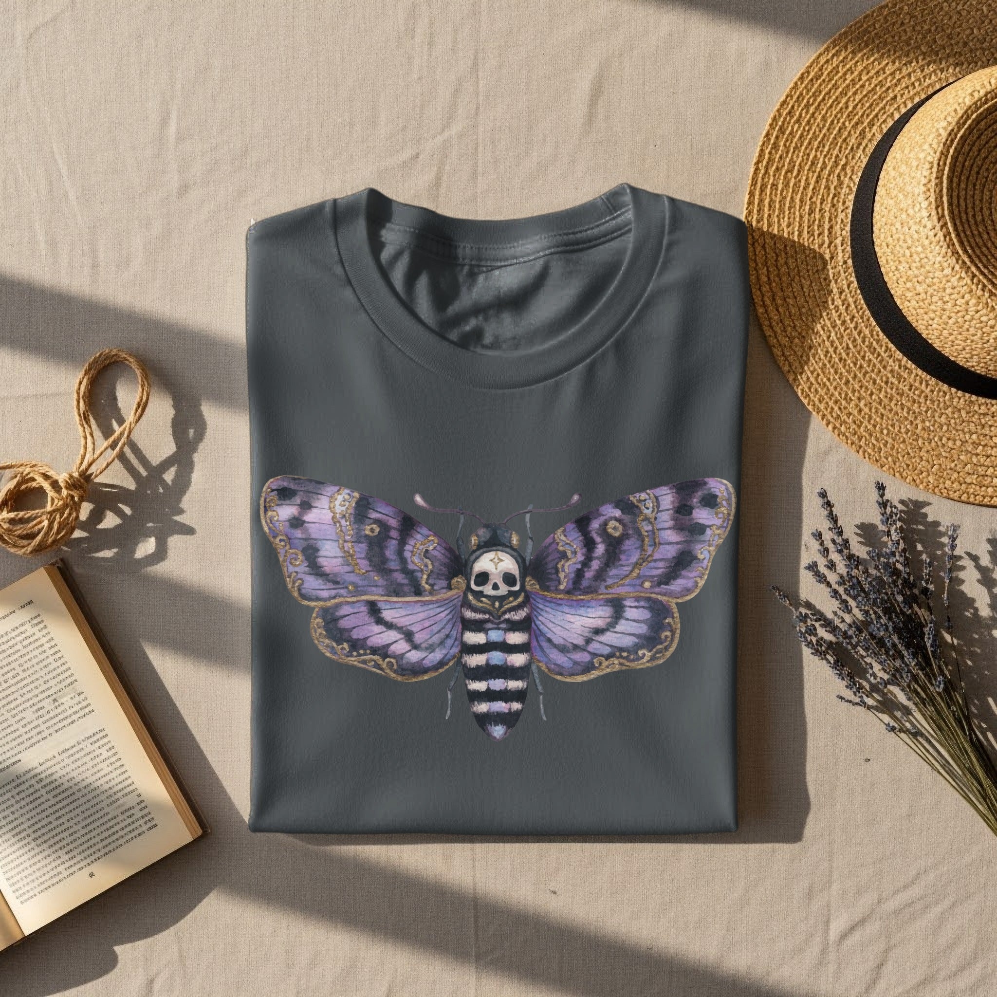 Dark gray t-shirt featuring a purple and black Death's-head hawkmoth graphic.