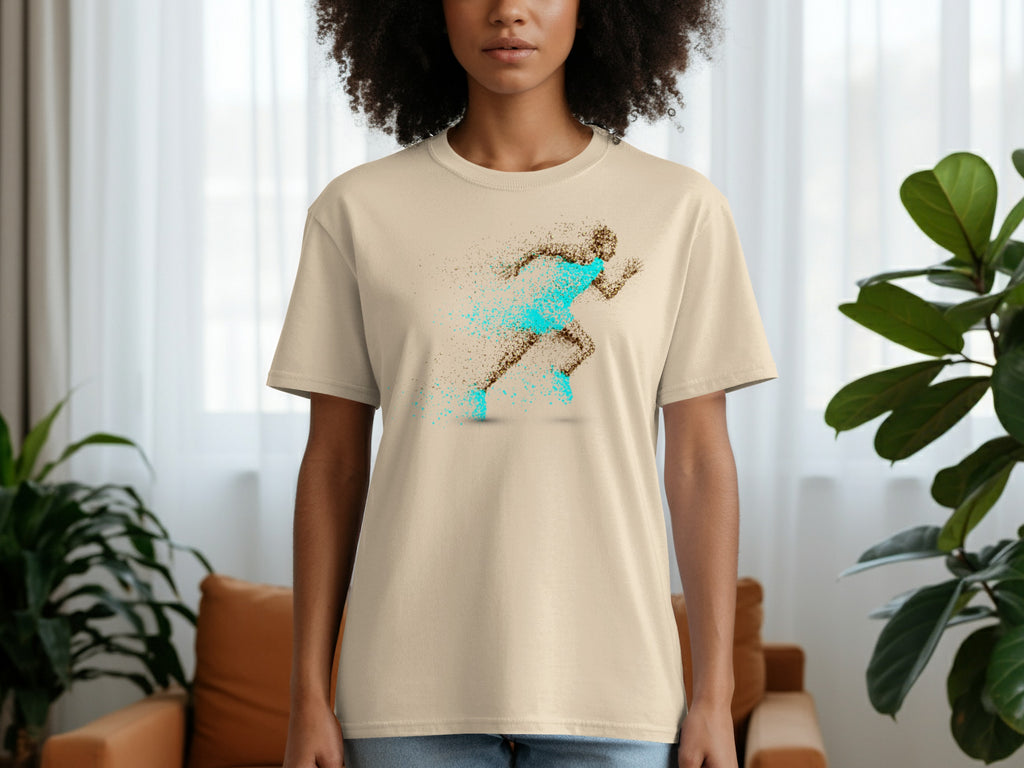 Beige t-shirt with a graphic of a runner disintegrating into dust and teal accents.
