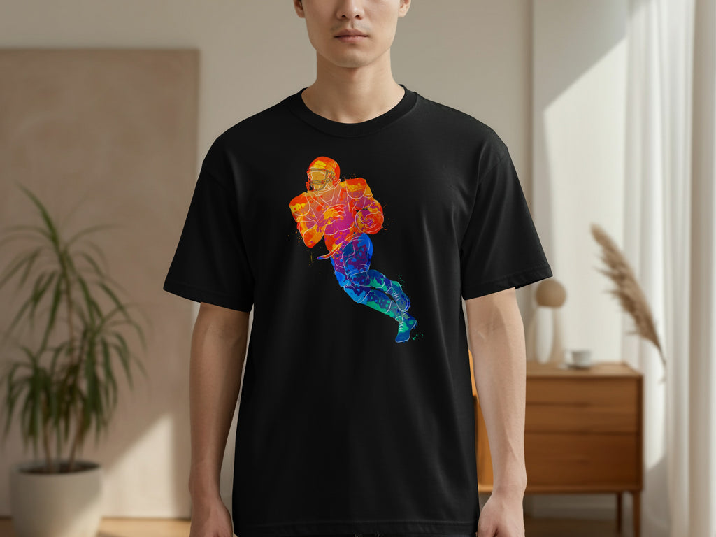 Black t-shirt with a watercolor-style football player graphic in vibrant colors.