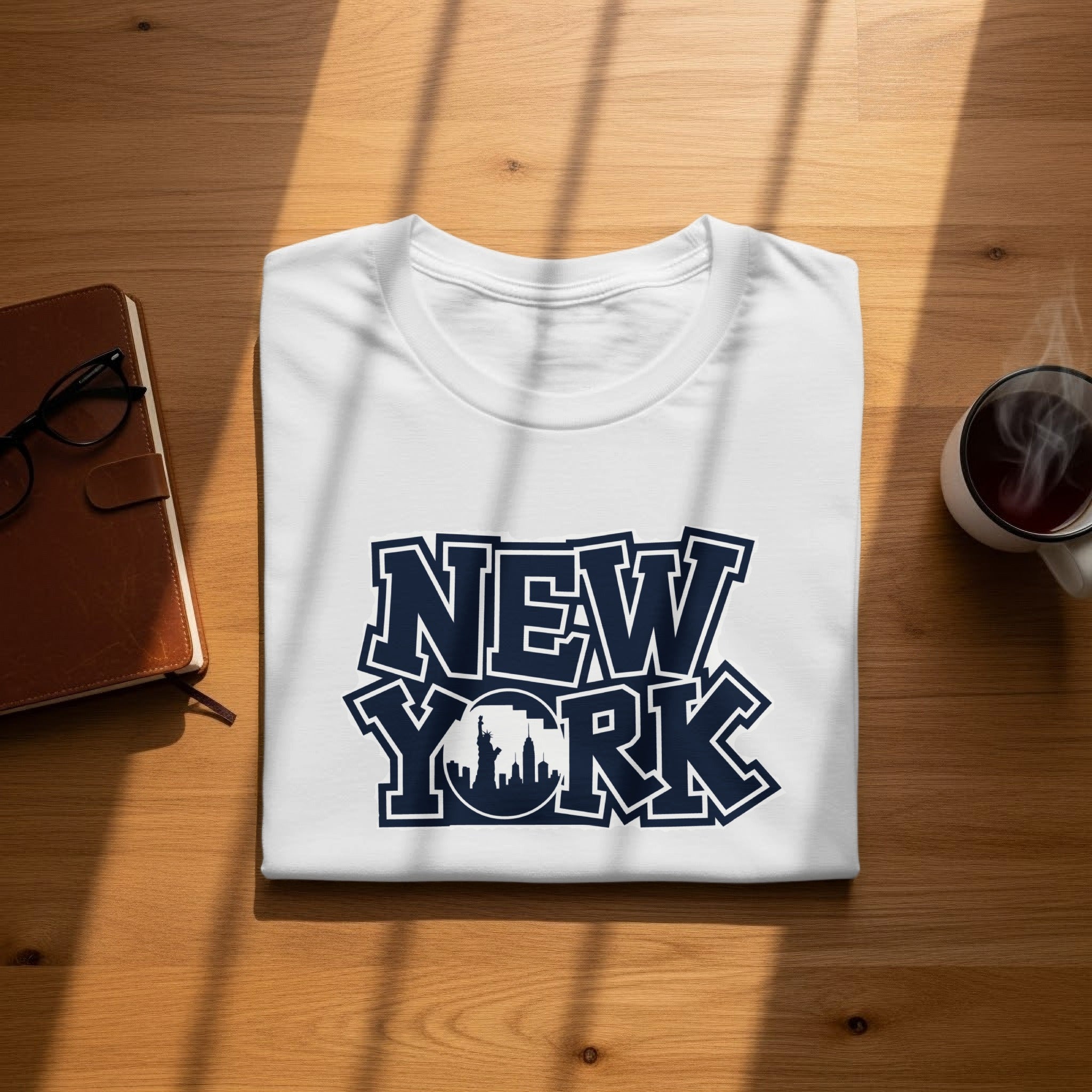 White t-shirt with "NEW YORK" text and city skyline graphic.