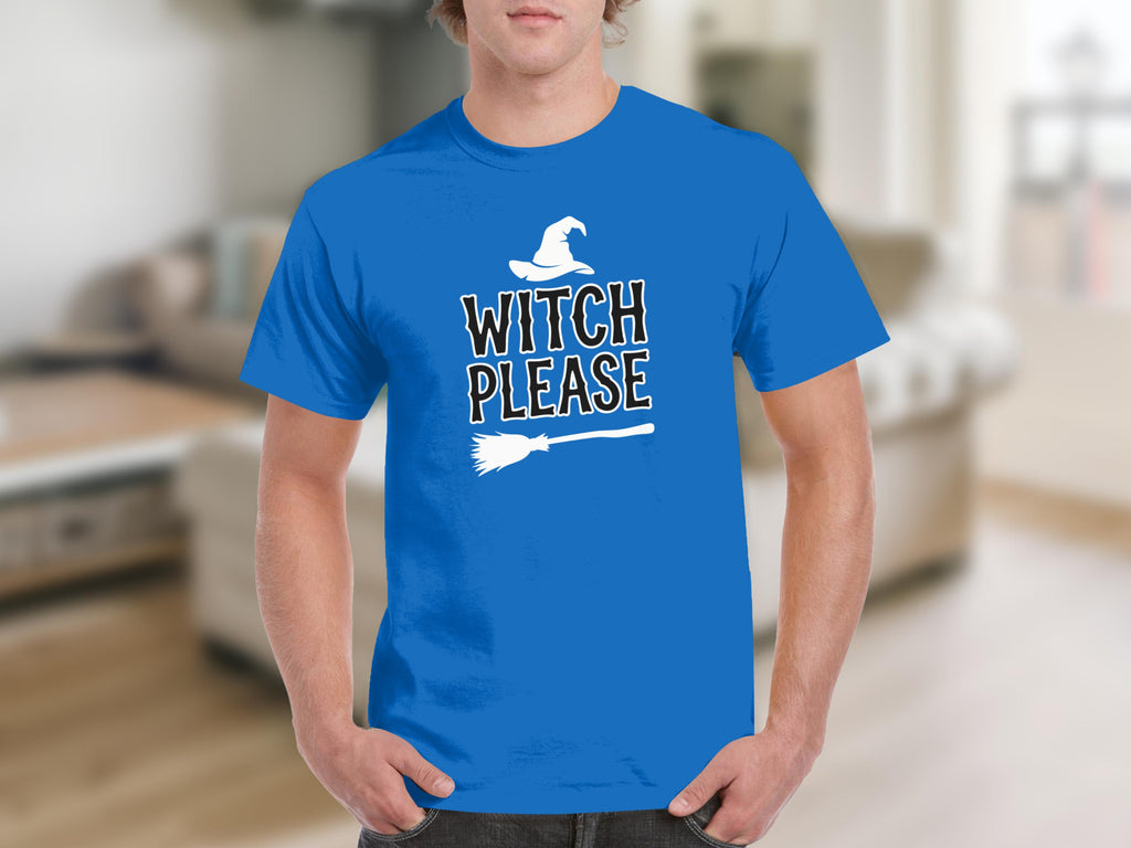 Blue t-shirt with white witch hat and "Witch Please" text.