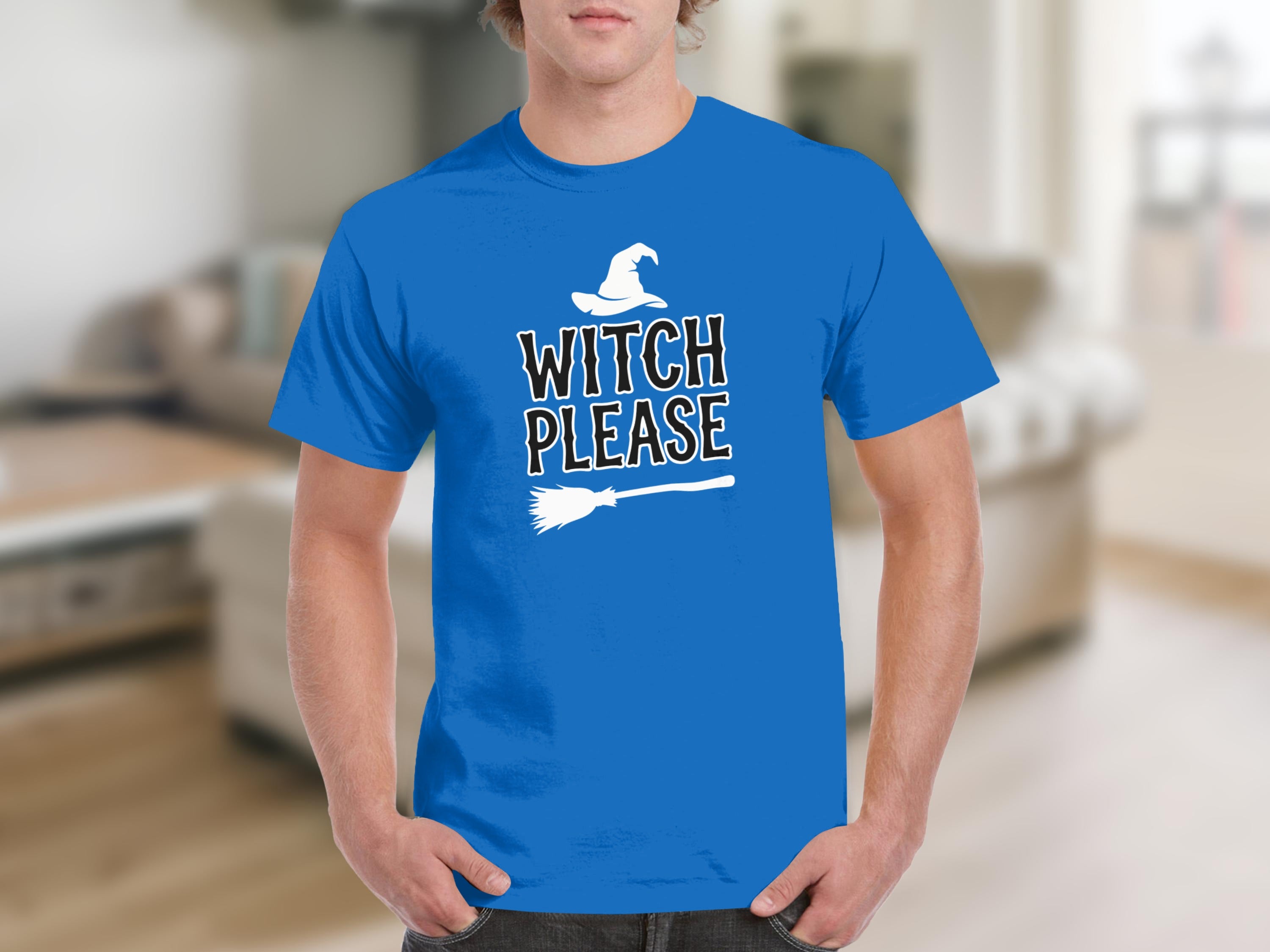 Blue t-shirt with white witch hat and "Witch Please" text.