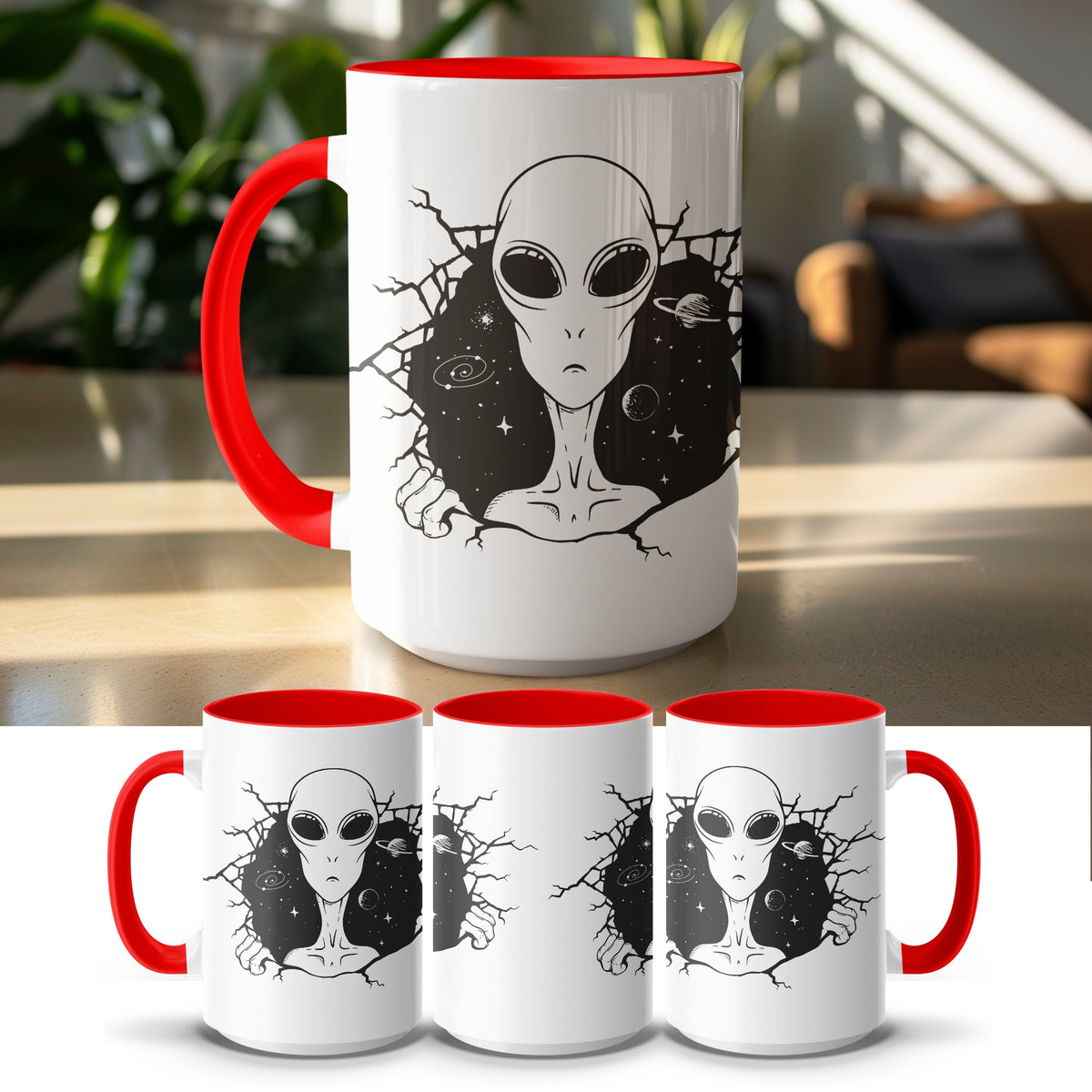 White mug with red handle featuring an alien breaking through a starry galaxy design.