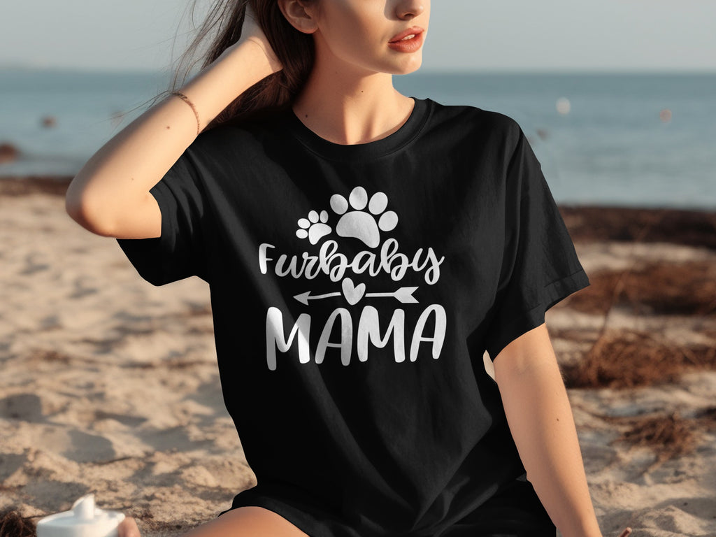 Black t-shirt with "Furbaby Mama" text and paw prints.