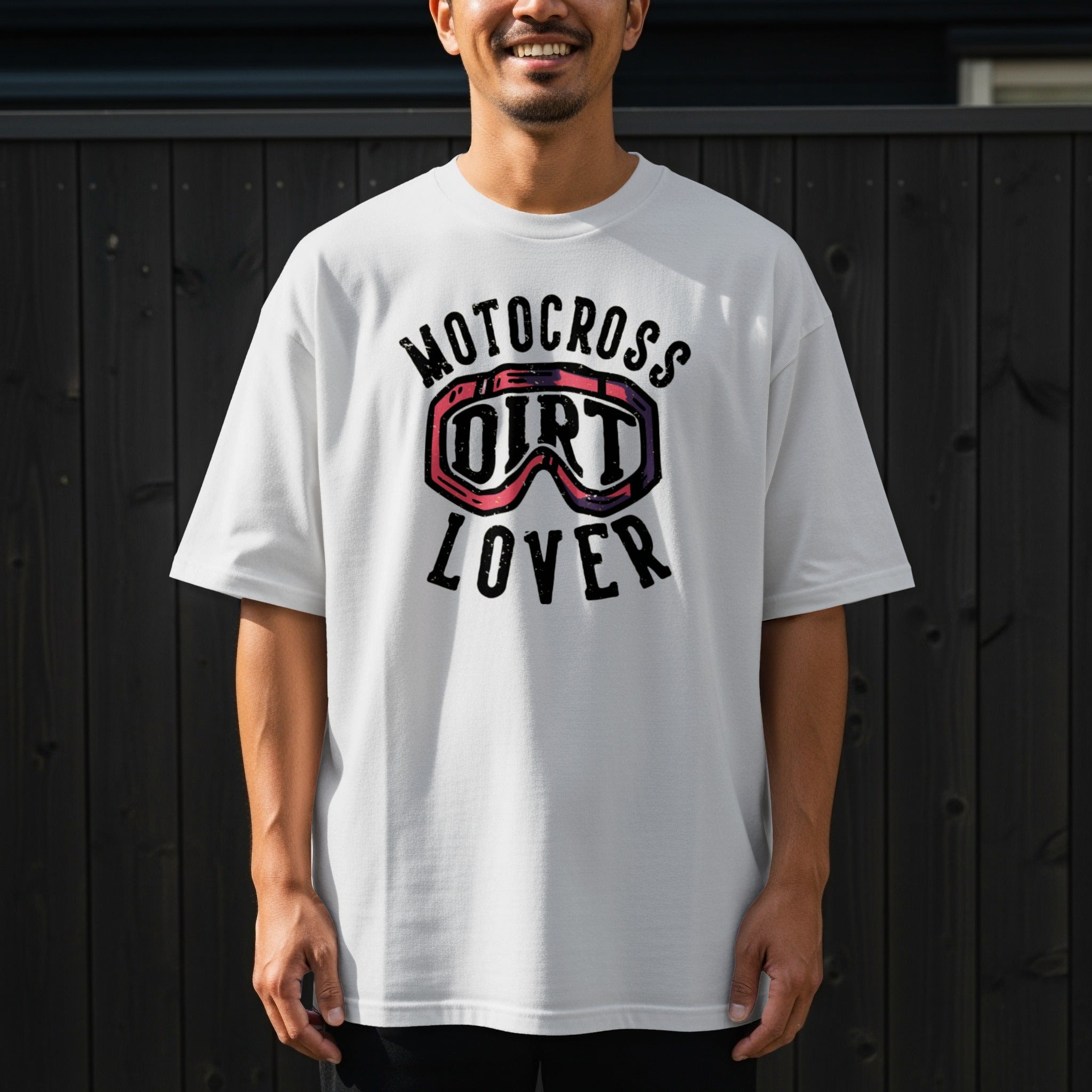 White t-shirt with "Motocross Dirt Lover" graphic and goggles design.