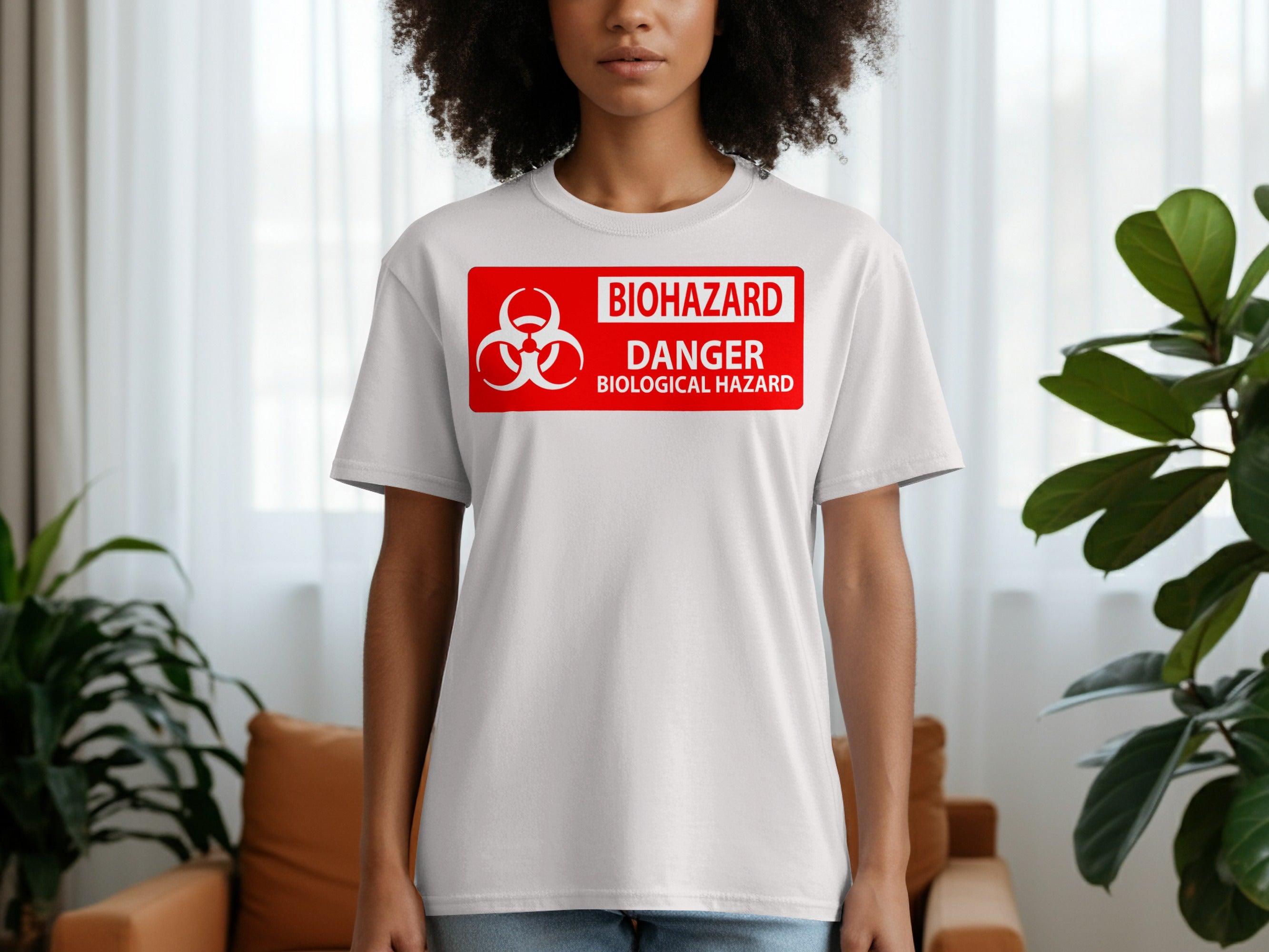 White t-shirt with a red biohazard danger biological hazard warning sign on the chest.