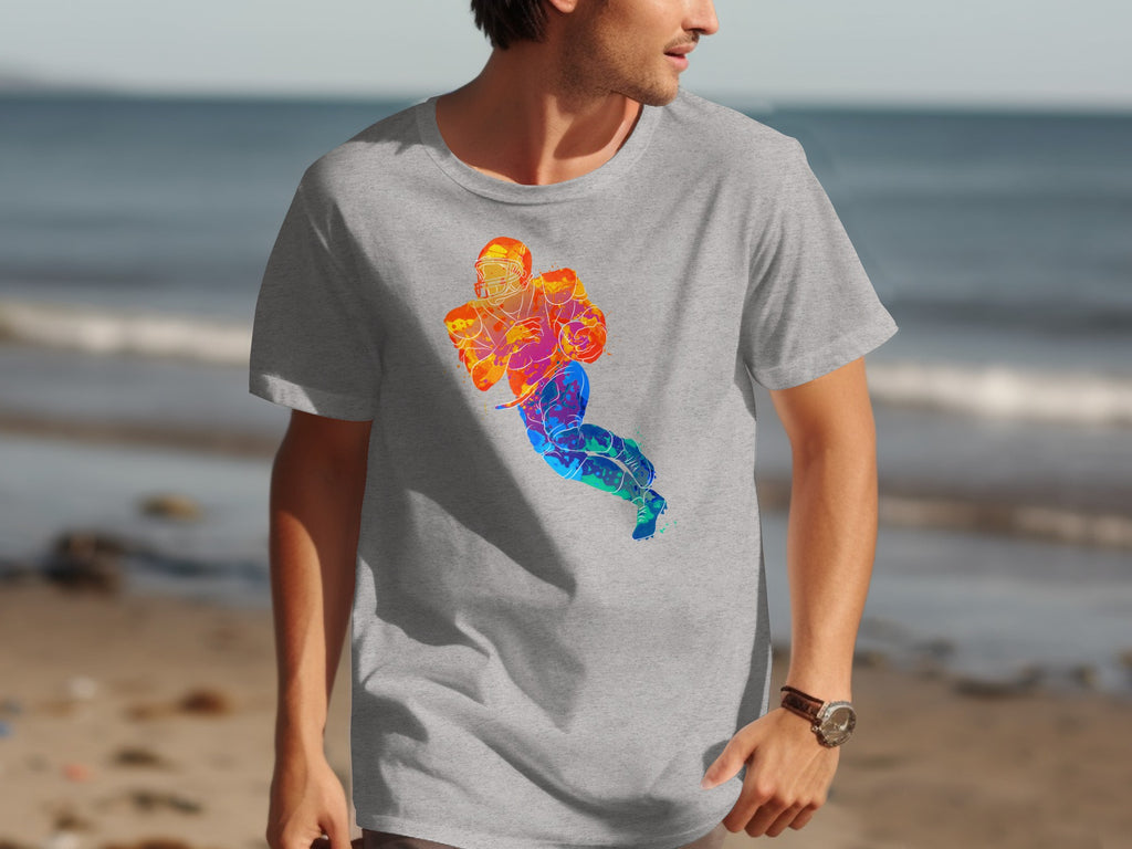 Grey t-shirt with a vibrant watercolor football player graphic.