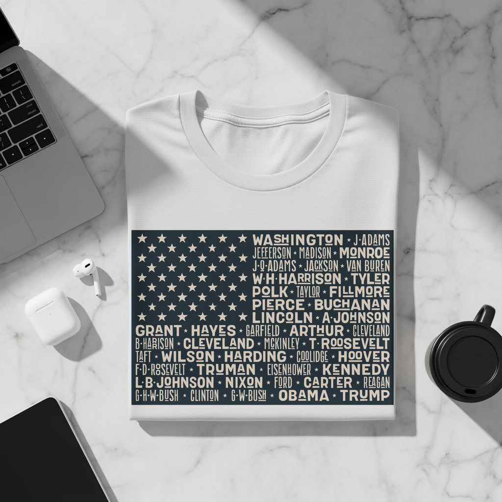 White t-shirt with American flag design listing US presidents.