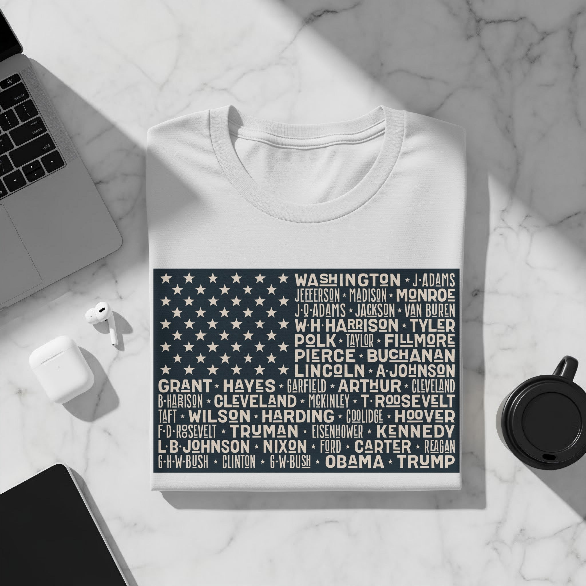 White t-shirt with American flag design listing US presidents.