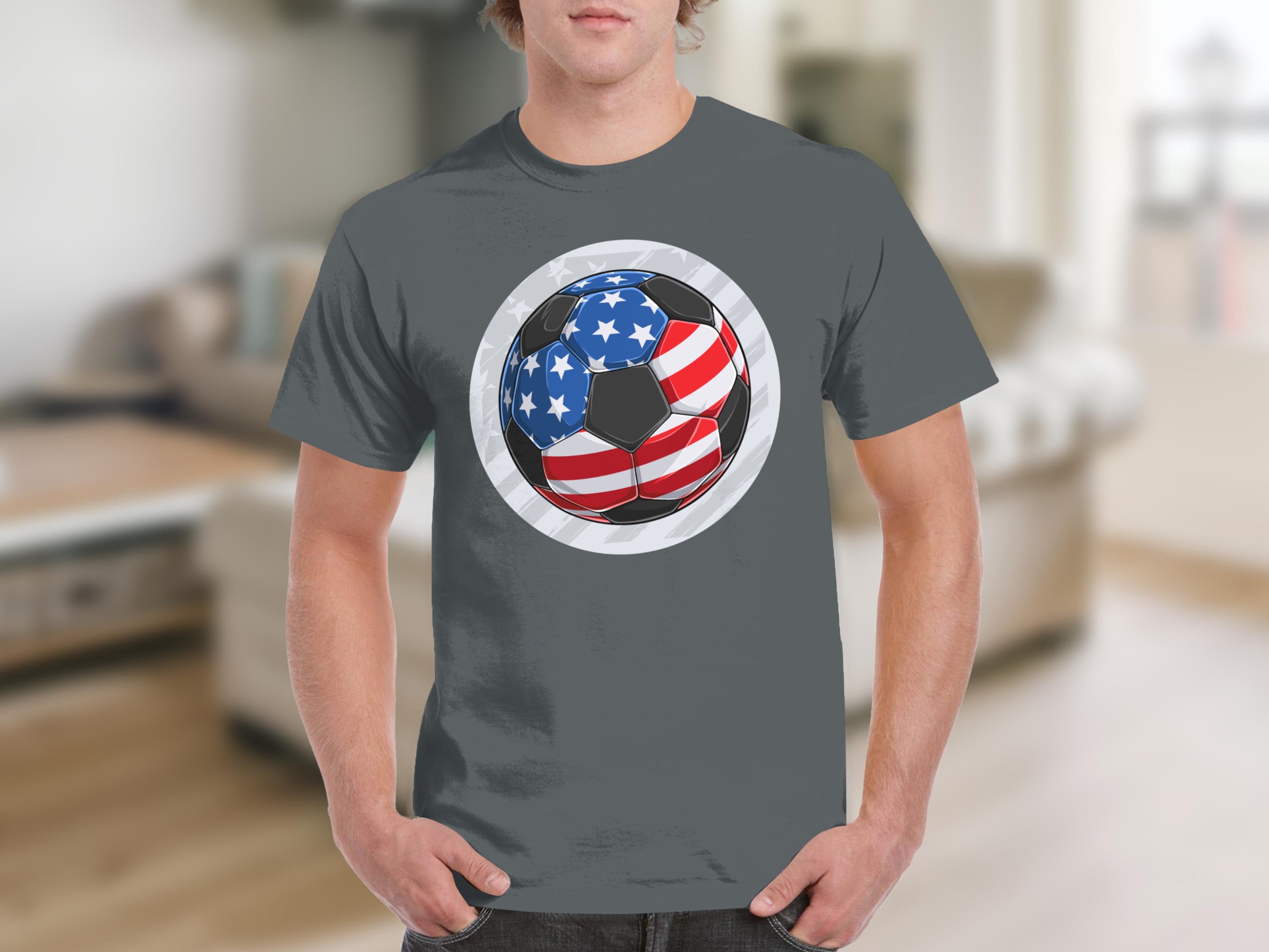 Gray t-shirt featuring a soccer ball design with American flag elements.