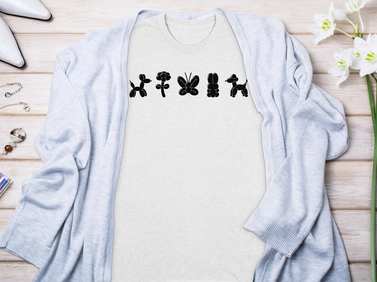 Light grey t-shirt with black balloon animal designs: dogs, flower, butterfly, rabbit.