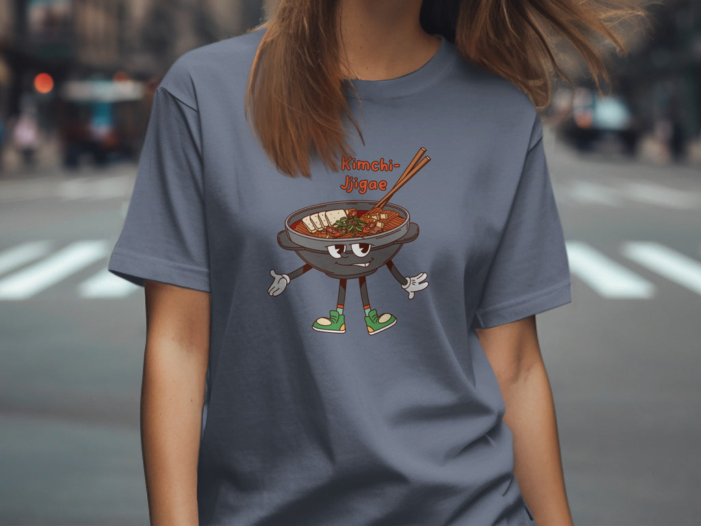 T-shirt with cartoon Kimchi Jjigae bowl character and text.