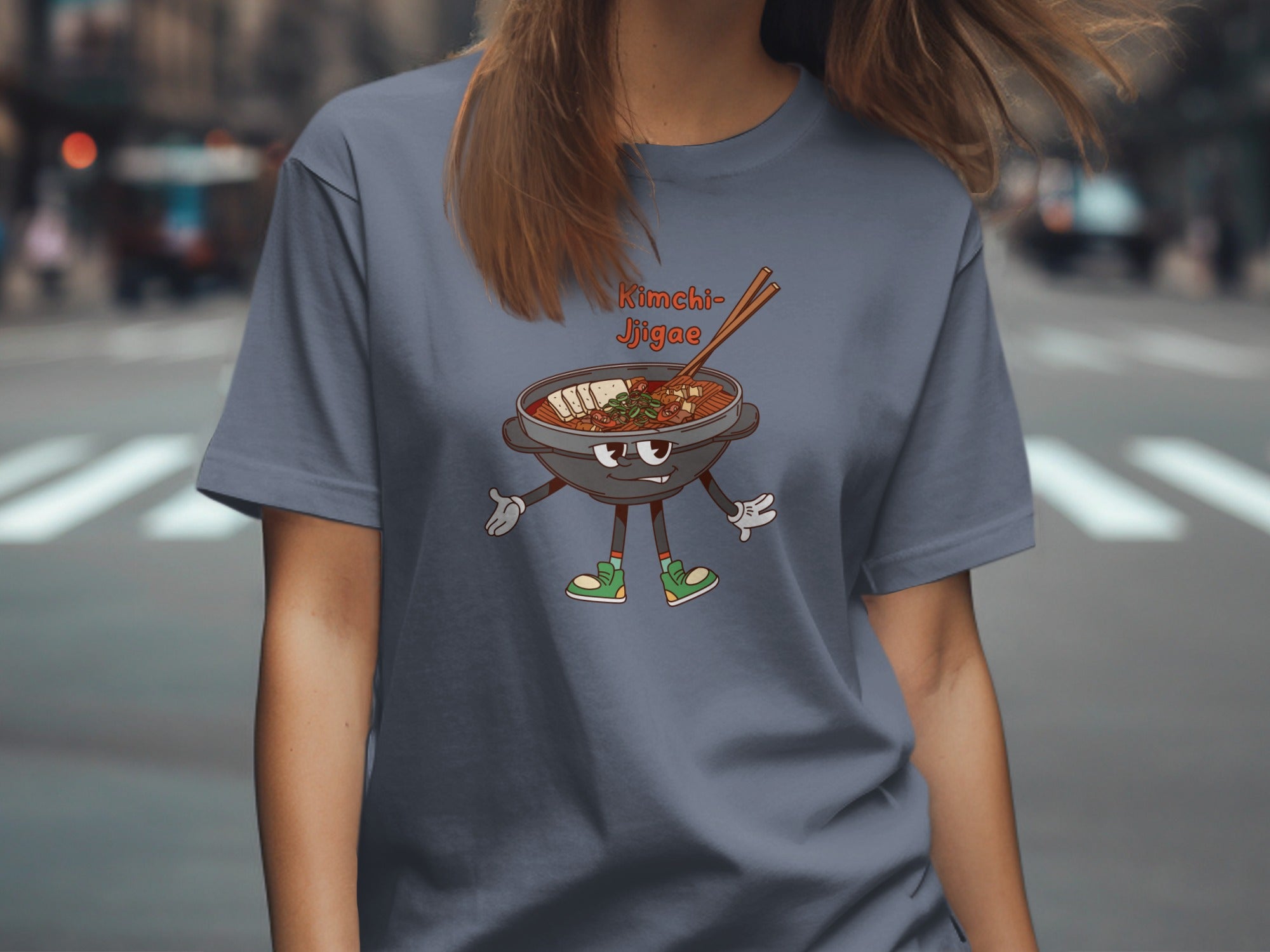 T-shirt with cartoon Kimchi Jjigae bowl character and text.