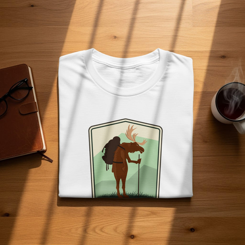 White t-shirt with a moose wearing a backpack and holding a staff, depicted in a crest.