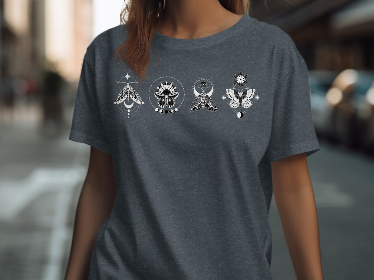Dark grey t-shirt with four black and white mystical moth designs.