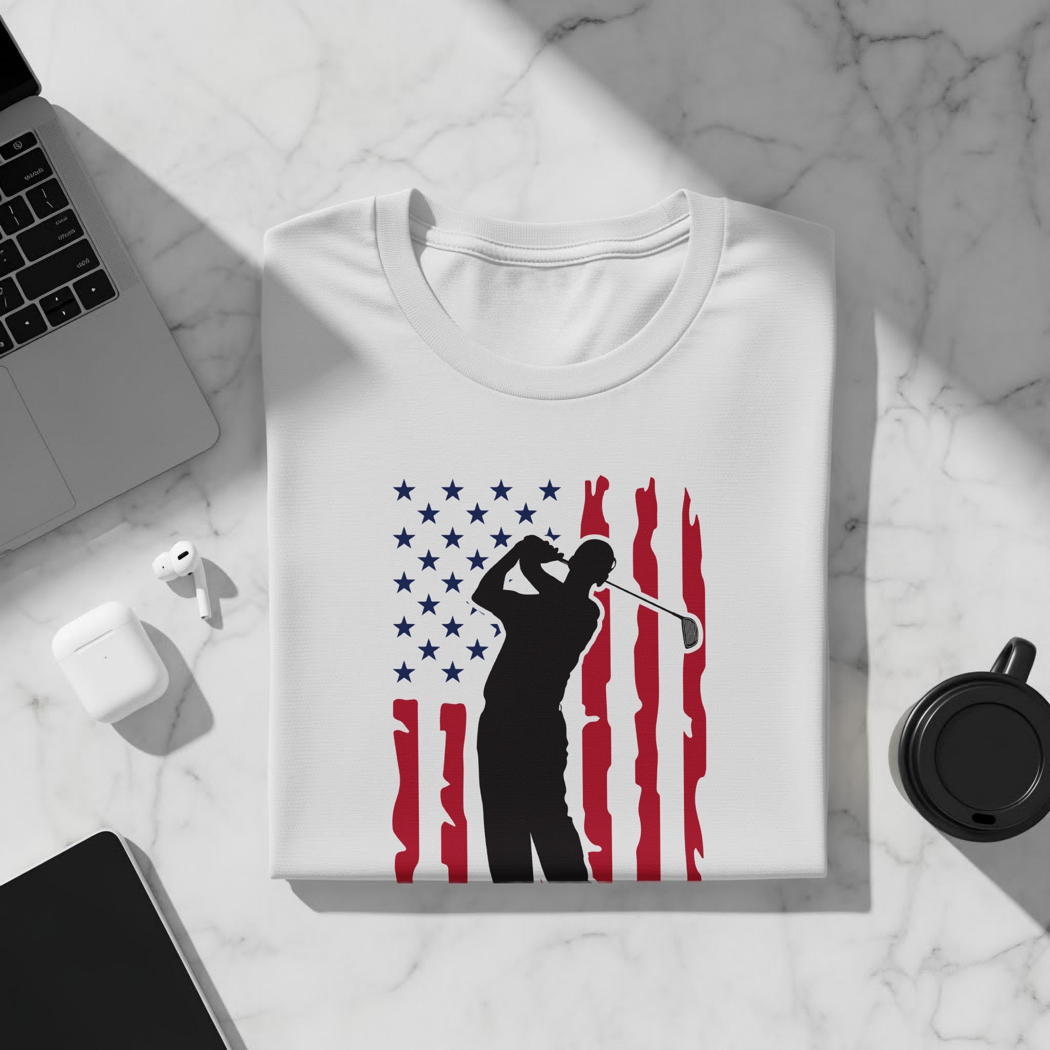 White t-shirt with a golfer silhouette against a distressed American flag graphic.