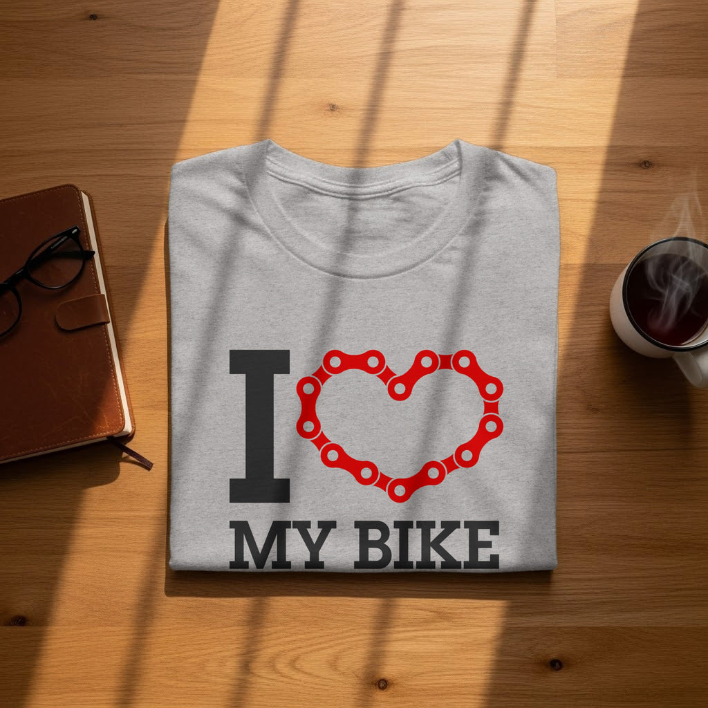 Grey t-shirt with "I ❤️ MY BIKE" text and bicycle chain heart graphic.