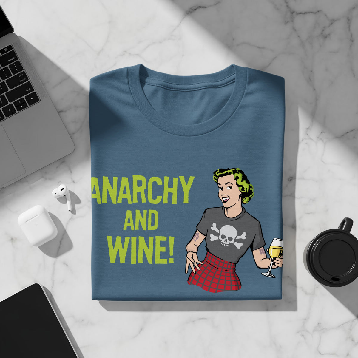 T-shirt with "Anarchy and Wine!" text and graphic of woman with skull.