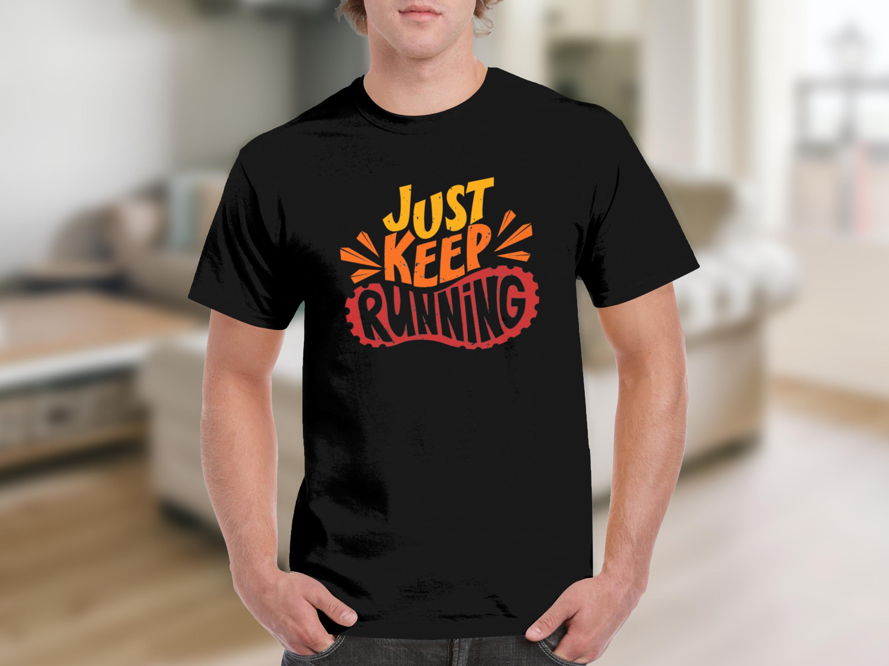 Black t-shirt with "JUST KEEP RUNNING" text and a shoe sole graphic.