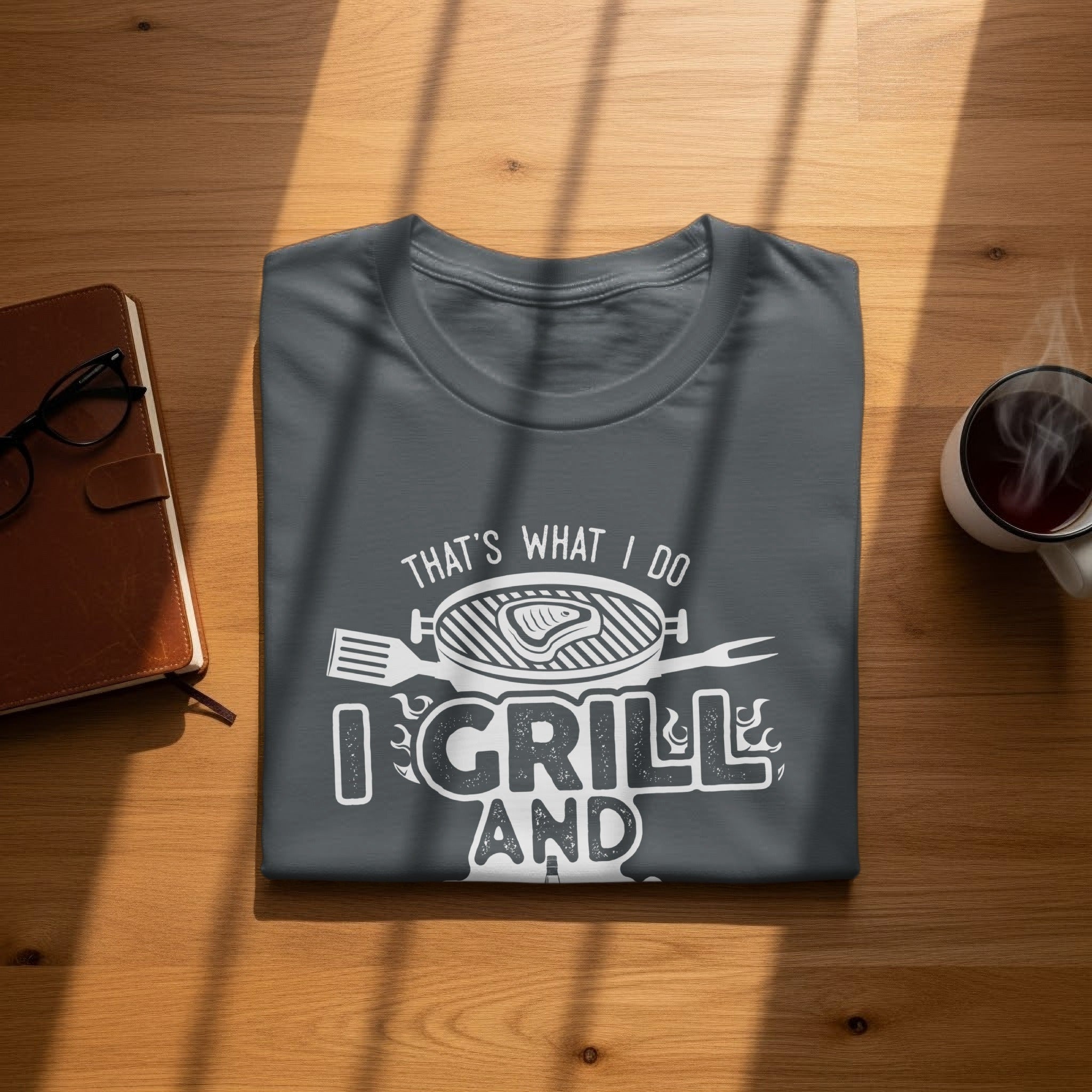 Dark gray t-shirt with text "THAT'S WHAT I DO I GRILL AND" and grilling graphics.