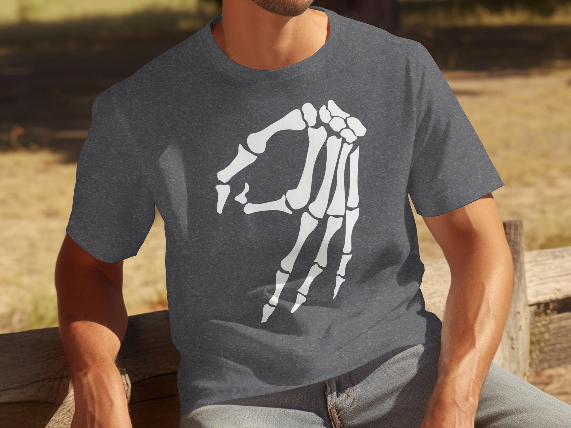 Dark grey t-shirt with a white skeleton hand making the "OK" gesture.